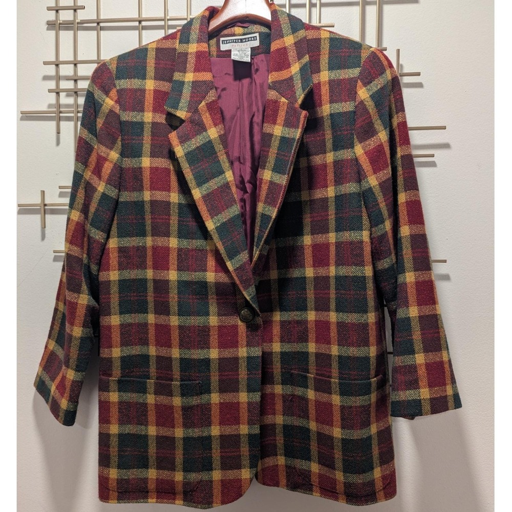 Vtg 90s Blazer Red Plaid Wool Blend Single Button Sz LP Heritage Old Money